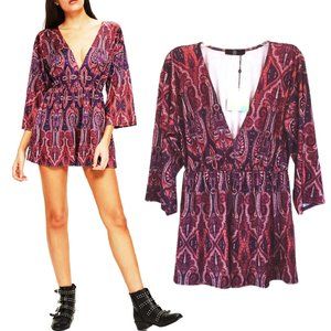 MISSGUIDED Paisley Kimono Sleeve Shorts Romper Deep V-Neck Stretch Size 8